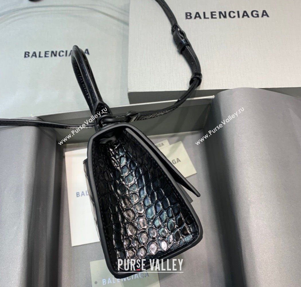 Balenciaga Hourglass Mini Top Handle Bag in Crocodile Embossed Calfskin All Black 2025 (JM-250926076)