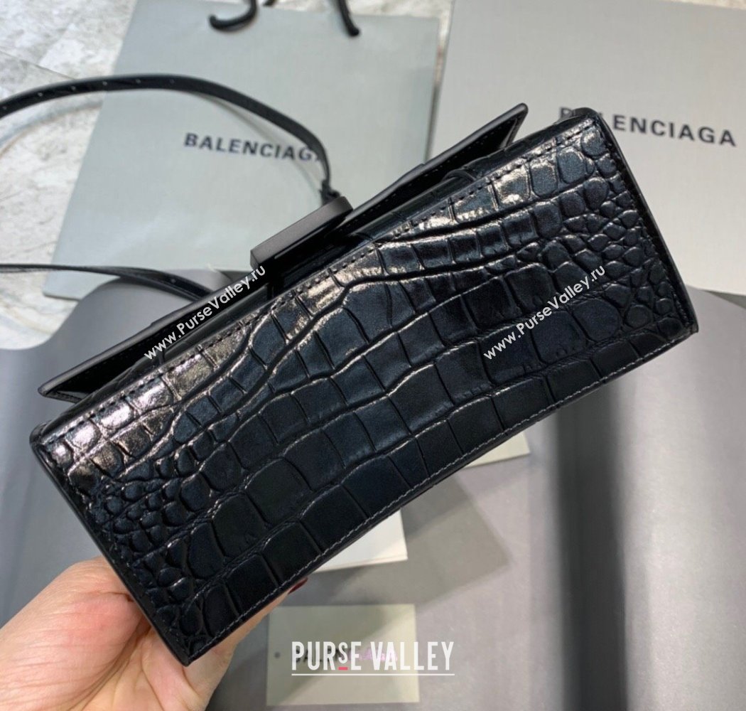 Balenciaga Hourglass Mini Top Handle Bag in Crocodile Embossed Calfskin All Black 2025 (JM-250926076)