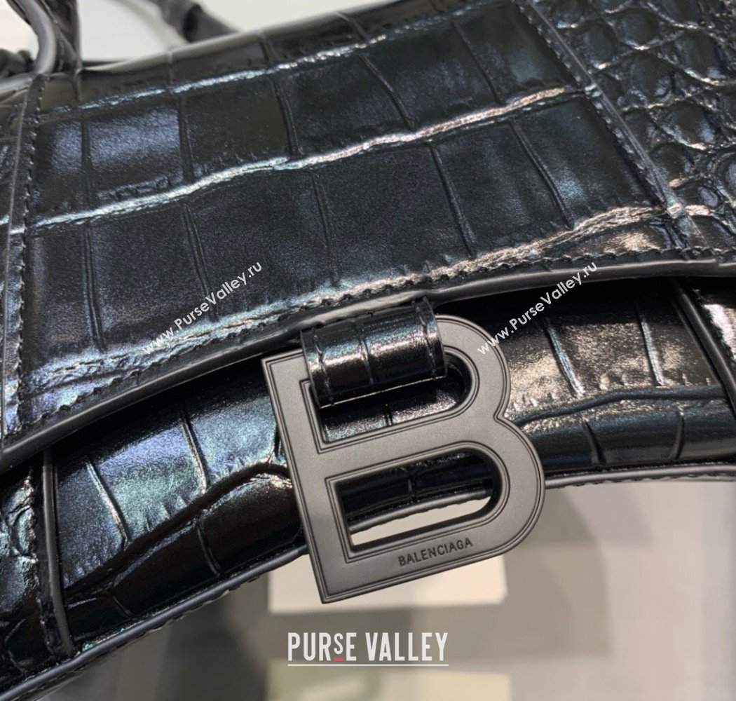 Balenciaga Hourglass Mini Top Handle Bag in Crocodile Embossed Calfskin All Black 2025 (JM-250926076)