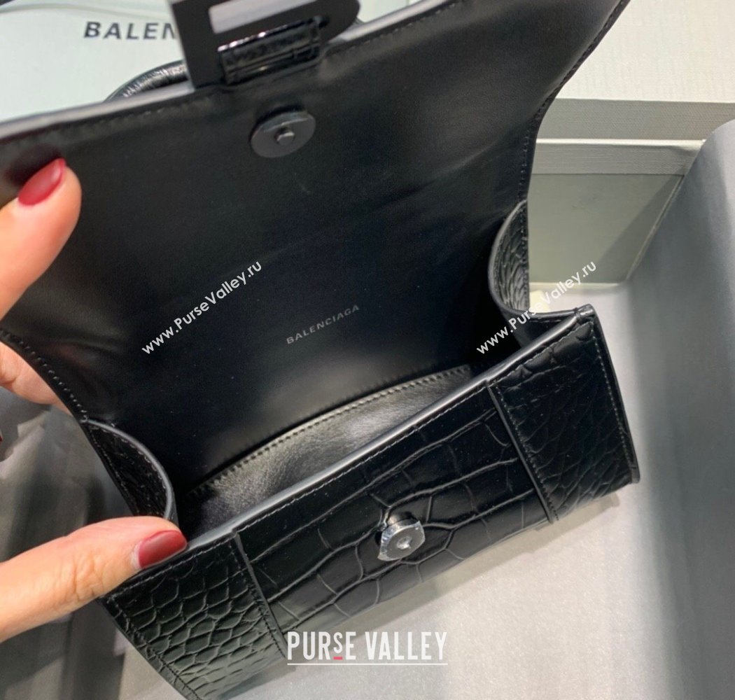 Balenciaga Hourglass Mini Top Handle Bag in Crocodile Embossed Calfskin All Black 2025 (JM-250926076)