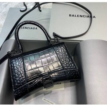 Balenciaga Hourglass Small Top Handle Bag in Crocodile Embossed Calfskin All Black 2025 (JM-250926077)