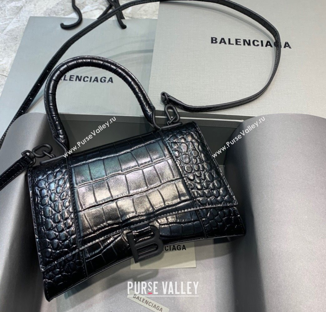 Balenciaga Hourglass Small Top Handle Bag in Crocodile Embossed Calfskin All Black 2025 (JM-250926077)