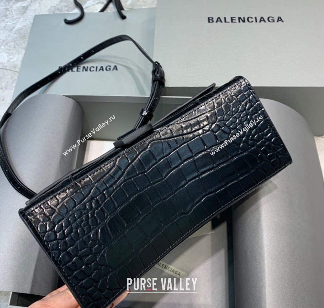 Balenciaga Hourglass Small Top Handle Bag in Crocodile Embossed Calfskin All Black 2025 (JM-250926077)