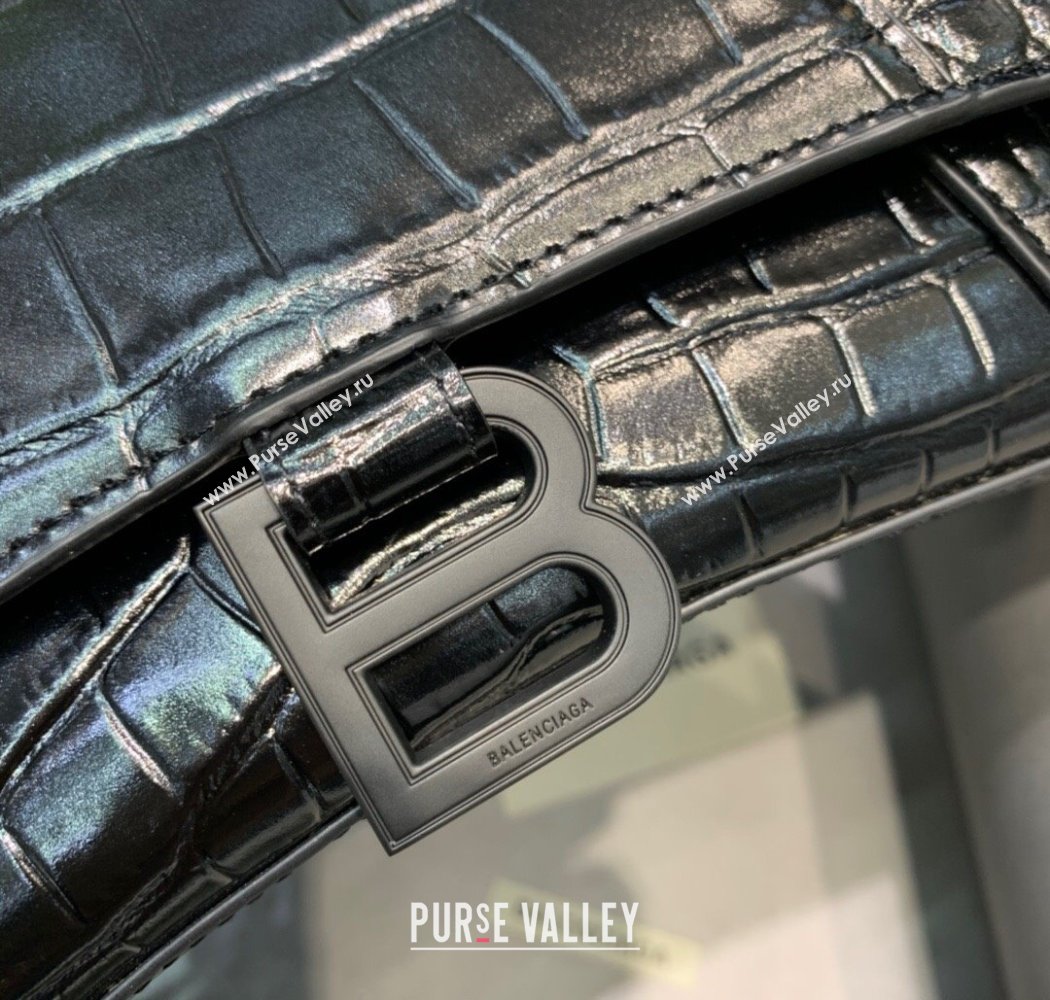 Balenciaga Hourglass Small Top Handle Bag in Crocodile Embossed Calfskin All Black 2025 (JM-250926077)