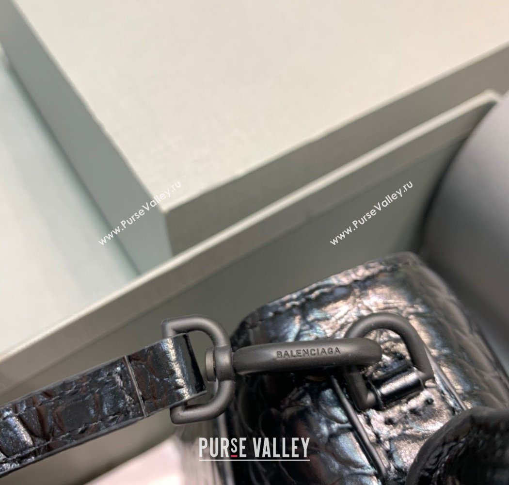 Balenciaga Hourglass Small Top Handle Bag in Crocodile Embossed Calfskin All Black 2025 (JM-250926077)
