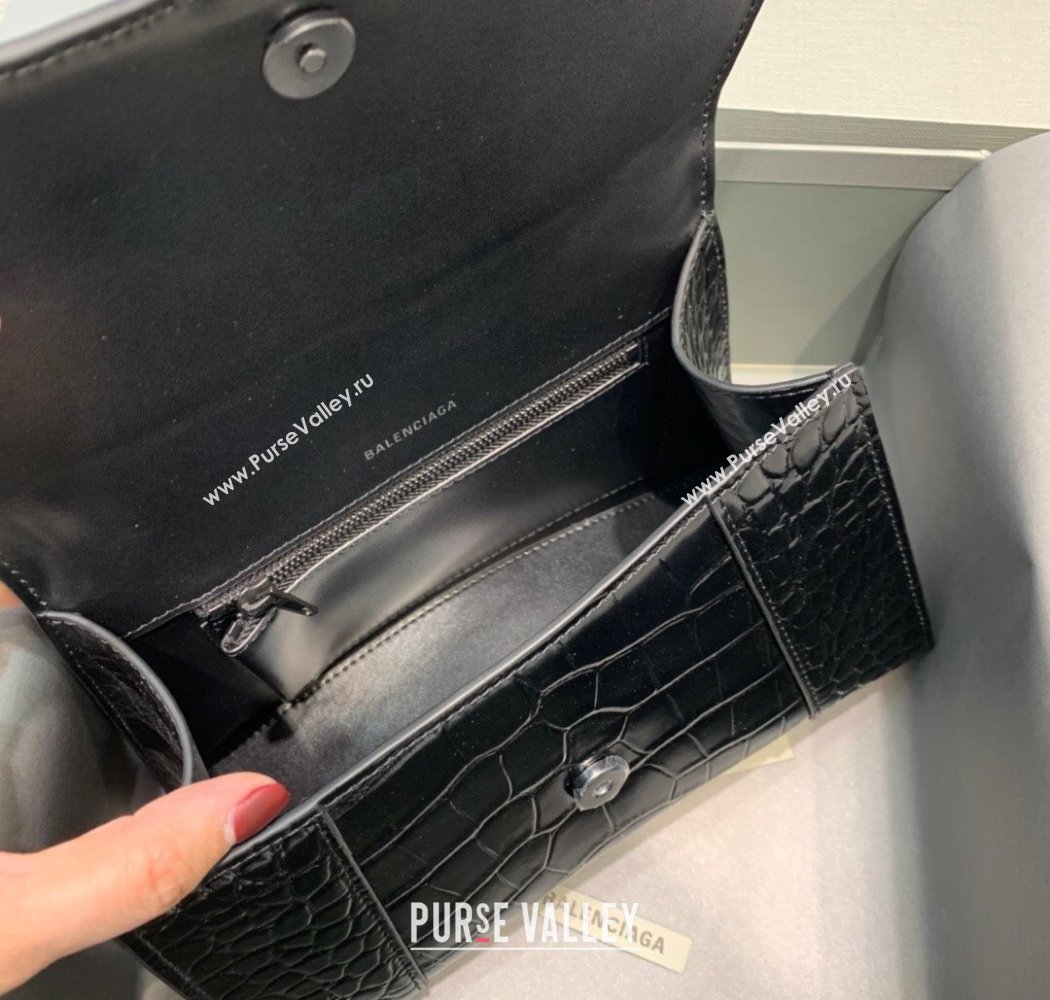 Balenciaga Hourglass Small Top Handle Bag in Crocodile Embossed Calfskin All Black 2025 (JM-250926077)