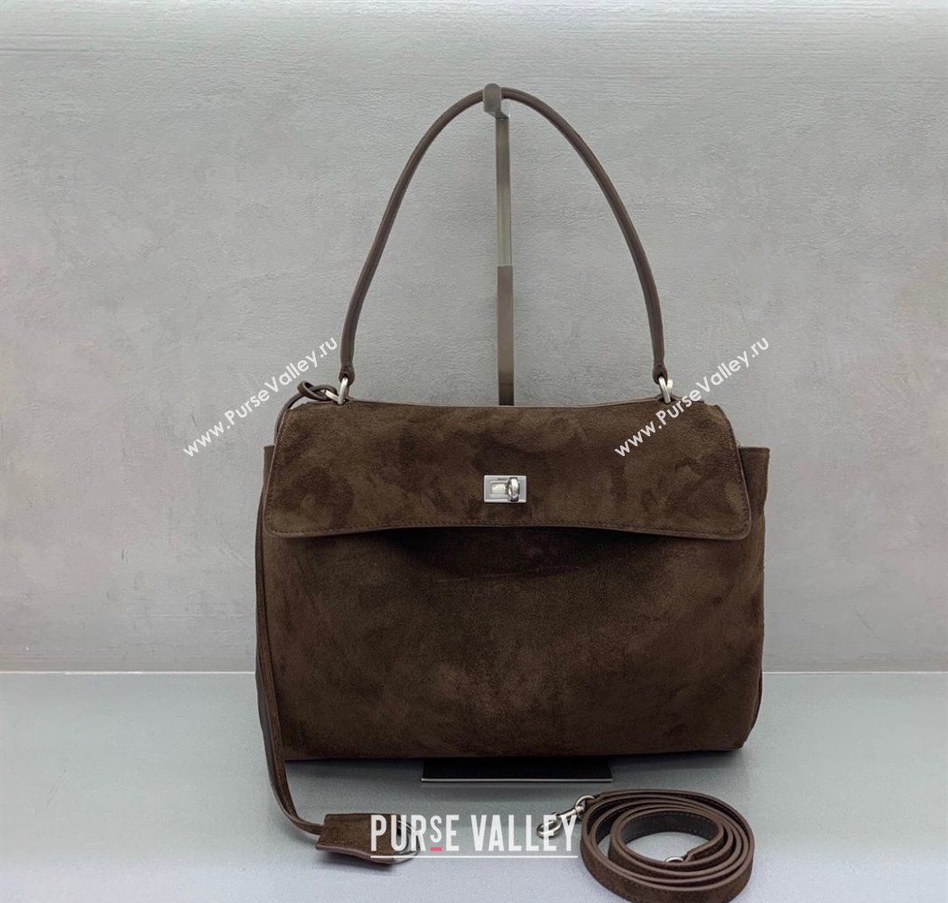 Balenciaga Rodeo Medium Handbag in suede, aged-silver hardware Dark Coffee Brown 2025 78972 (JM-250926085)