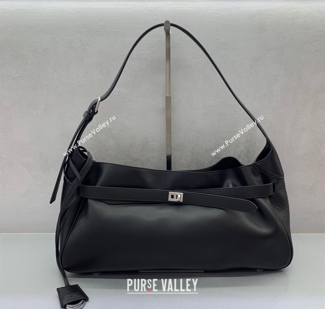 Balenciaga Bel Air Medium Shoulder Bag in black smooth calfskin, aged-silver hardware 2025 (JM-250926082)