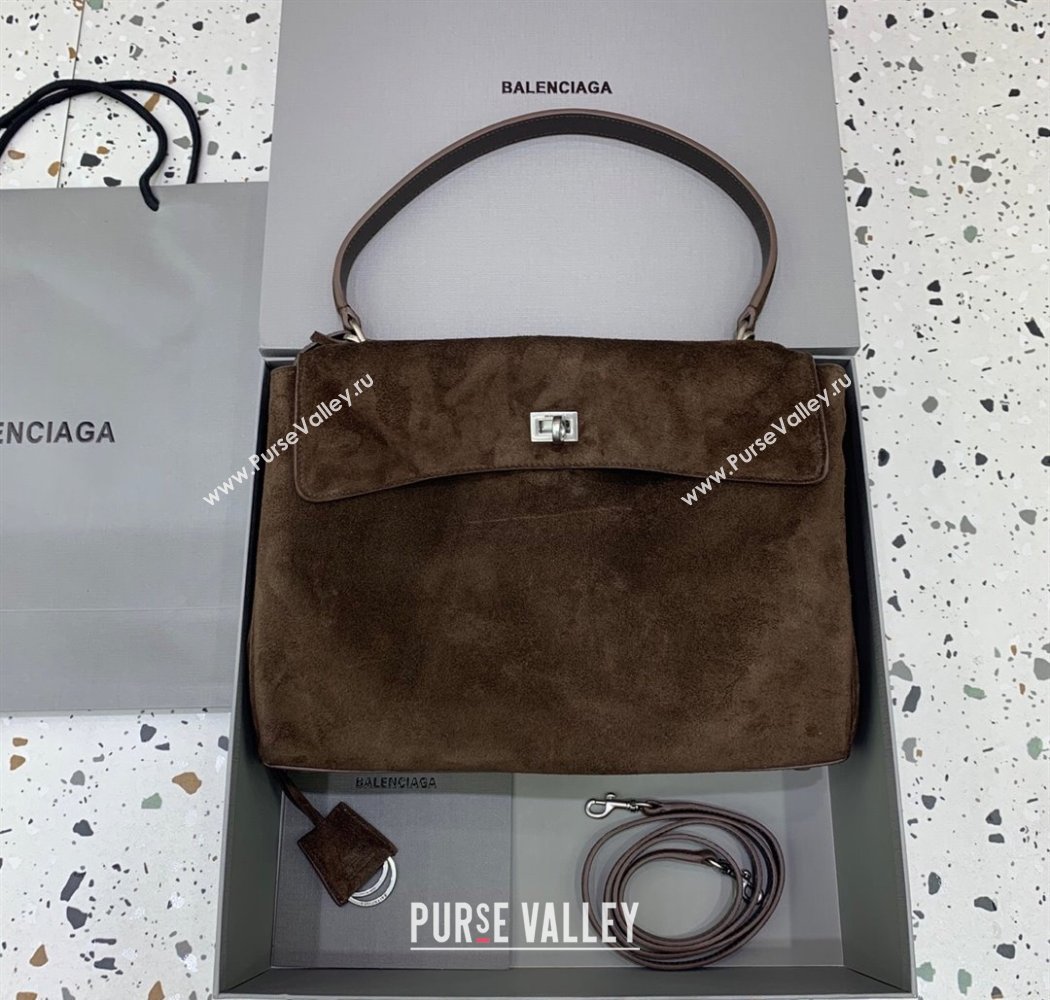 Balenciaga Rodeo Medium Handbag in suede, aged-silver hardware Dark Coffee Brown 2025 78972 (JM-250926085)