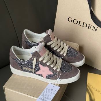 Golden Goose Women’s Ball Star in grey glitter with brown suede inserts and pink star 2025 0902 (13-250902093)