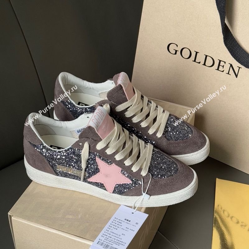 Golden Goose Women’s Ball Star in grey glitter with brown suede inserts and pink star 2025 0902 (13-250902093)