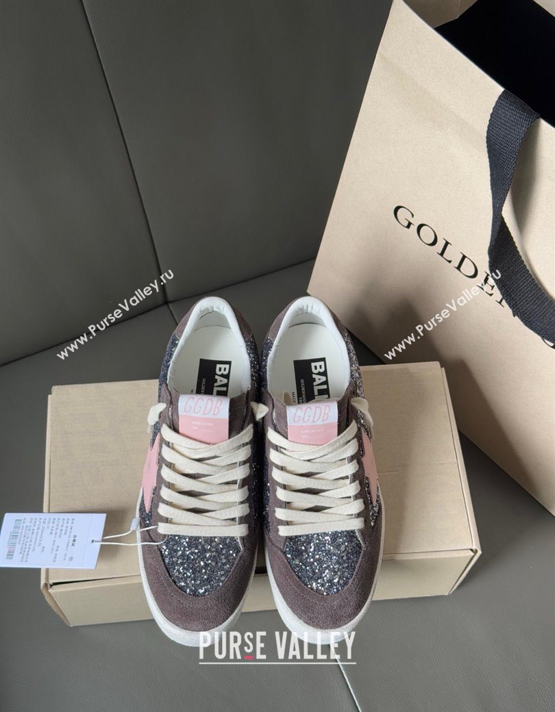 Golden Goose Women’s Ball Star in grey glitter with brown suede inserts and pink star 2025 0902 (13-250902093)