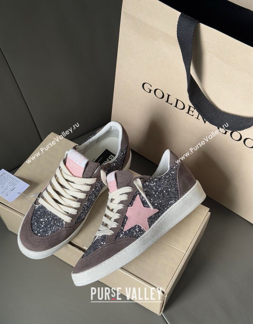 Golden Goose Women’s Ball Star in grey glitter with brown suede inserts and pink star 2025 0902 (13-250902093)