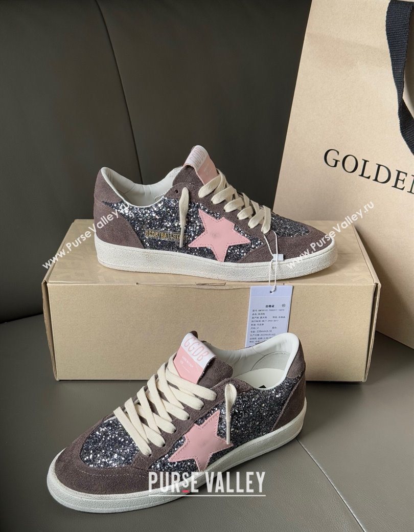 Golden Goose Women’s Ball Star in grey glitter with brown suede inserts and pink star 2025 0902 (13-250902093)