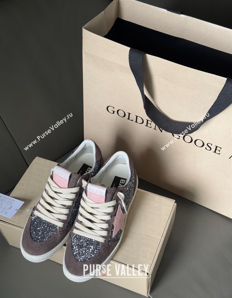 Golden Goose Women’s Ball Star in grey glitter with brown suede inserts and pink star 2025 0902 (13-250902093)