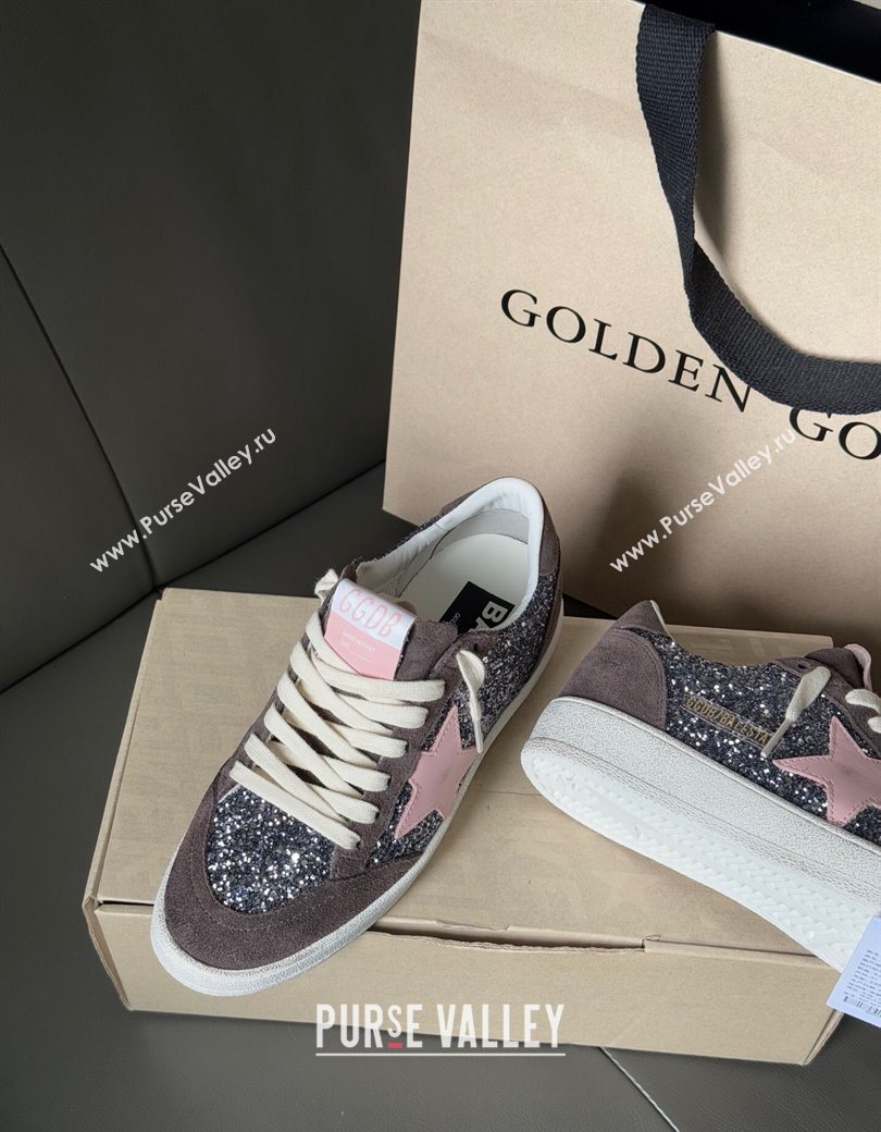 Golden Goose Women’s Ball Star in grey glitter with brown suede inserts and pink star 2025 0902 (13-250902093)
