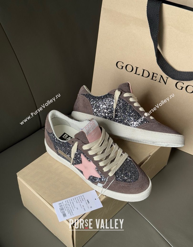 Golden Goose Women’s Ball Star in grey glitter with brown suede inserts and pink star 2025 0902 (13-250902093)