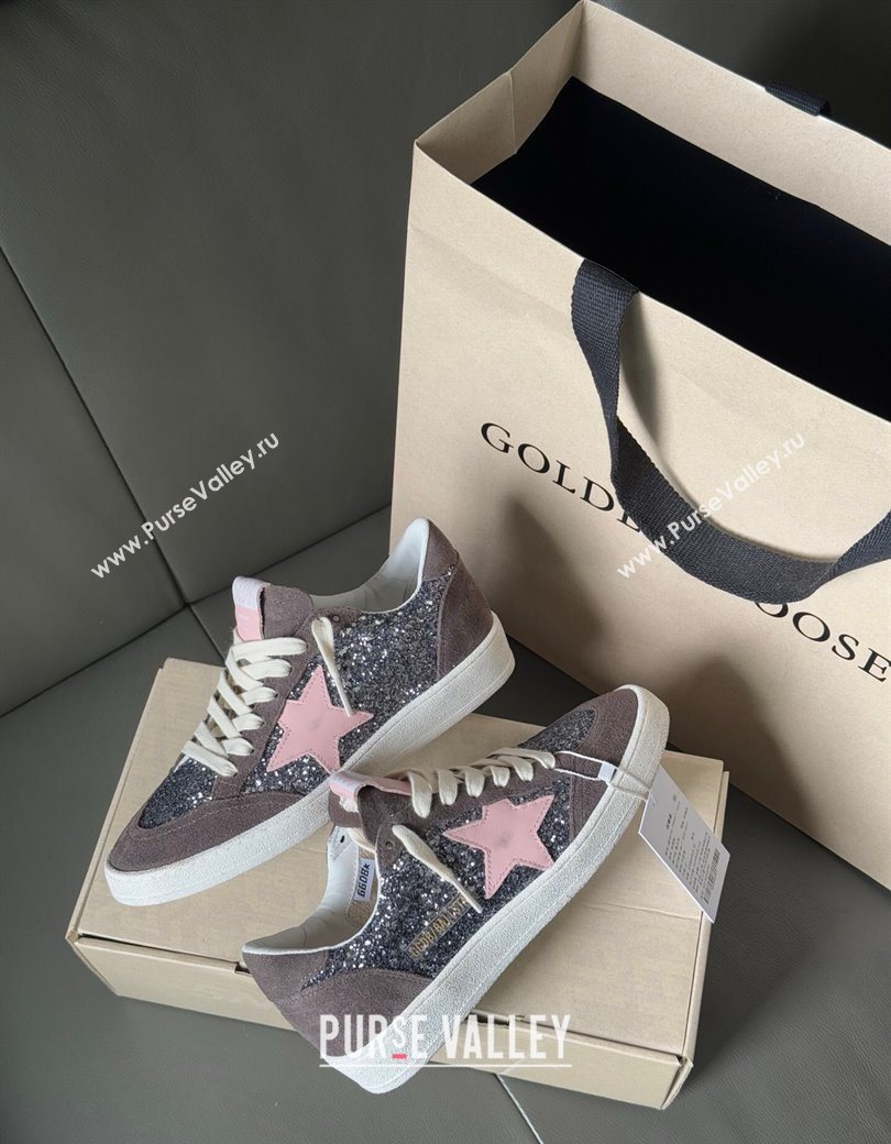 Golden Goose Women’s Ball Star in grey glitter with brown suede inserts and pink star 2025 0902 (13-250902093)