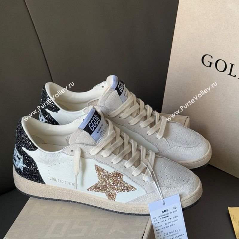 Golden Goose Women’s Ball Star LTD in white nappa leather and grey suede with glitter star and black heel tab 2025 (13-250902091