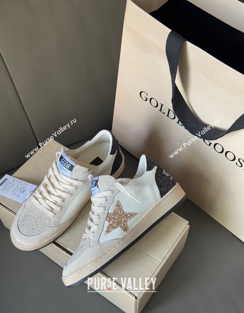 Golden Goose Women’s Ball Star LTD in white nappa leather and grey suede with glitter star and black heel tab 2025 (13-250902091