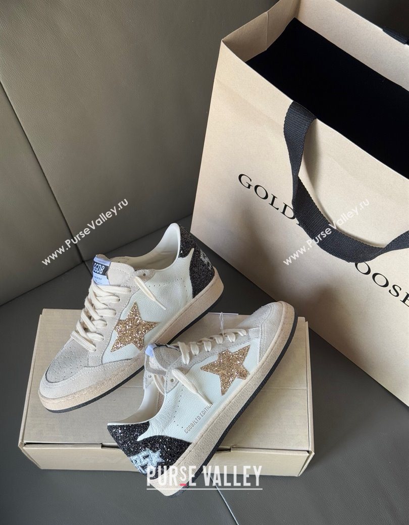 Golden Goose Women’s Ball Star LTD in white nappa leather and grey suede with glitter star and black heel tab 2025 (13-250902091