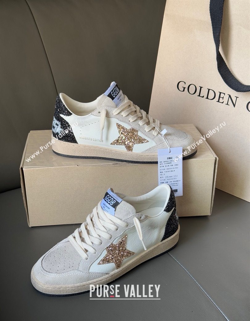 Golden Goose Women’s Ball Star LTD in white nappa leather and grey suede with glitter star and black heel tab 2025 (13-250902091