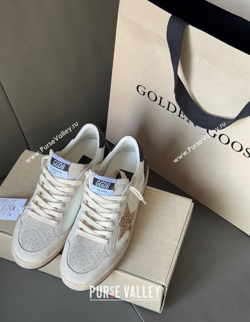 Golden Goose Women’s Ball Star LTD in white nappa leather and grey suede with glitter star and black heel tab 2025 (13-250902091