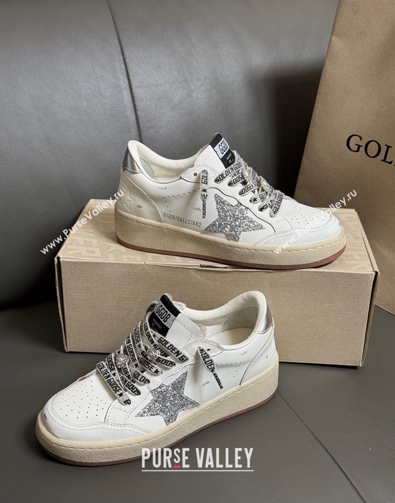 Golden Goose Women Ball Star Sneakers in White Leather with Silver-Tone Glitter Star and Lace 2025 0429 (MD-250429041)