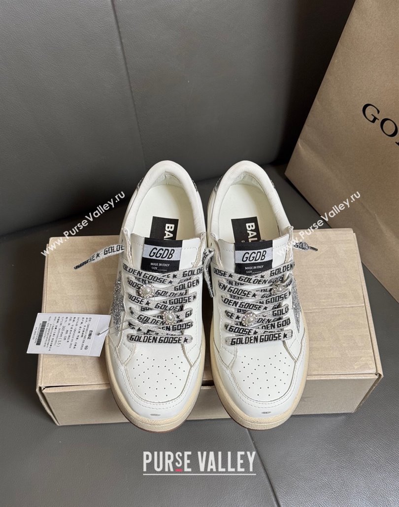 Golden Goose Women Ball Star Sneakers in White Leather with Silver-Tone Glitter Star and Lace 2025 0429 (MD-250429041)