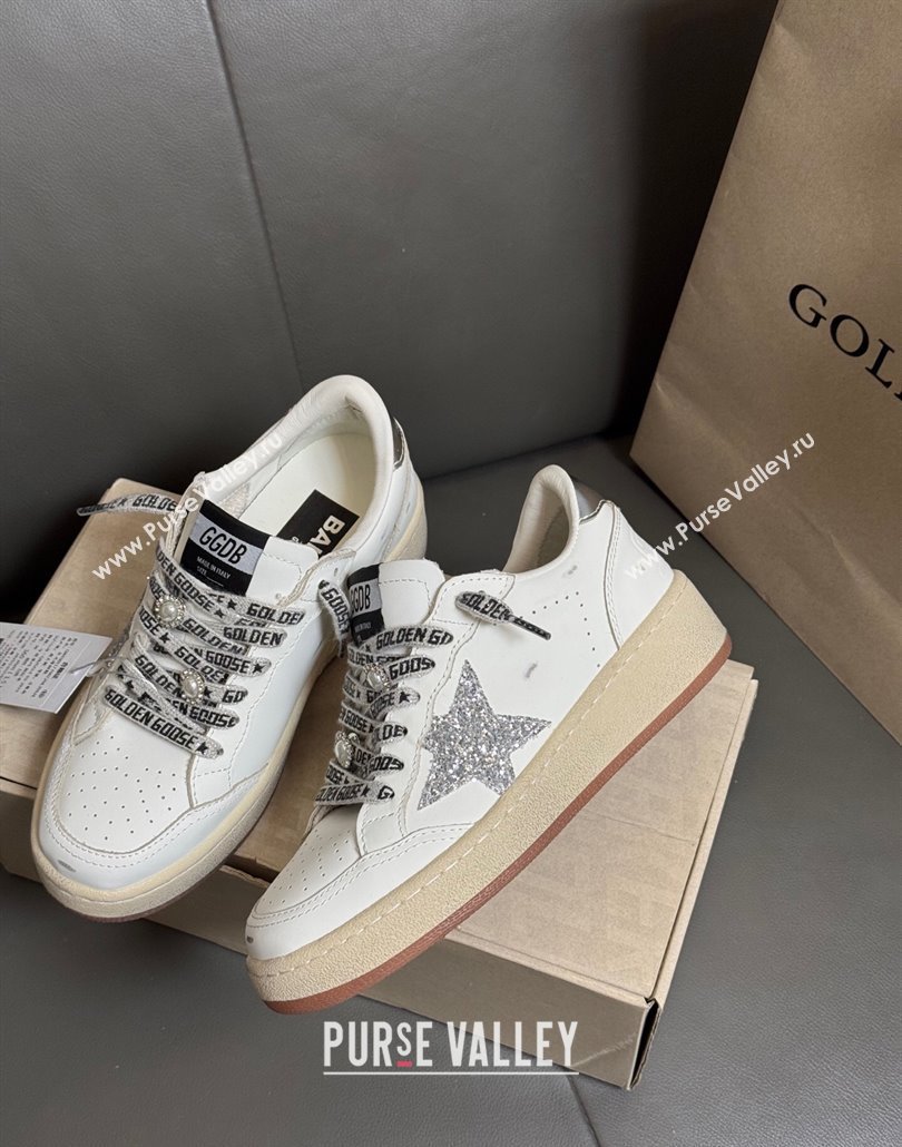 Golden Goose Women Ball Star Sneakers in White Leather with Silver-Tone Glitter Star and Lace 2025 0429 (MD-250429041)