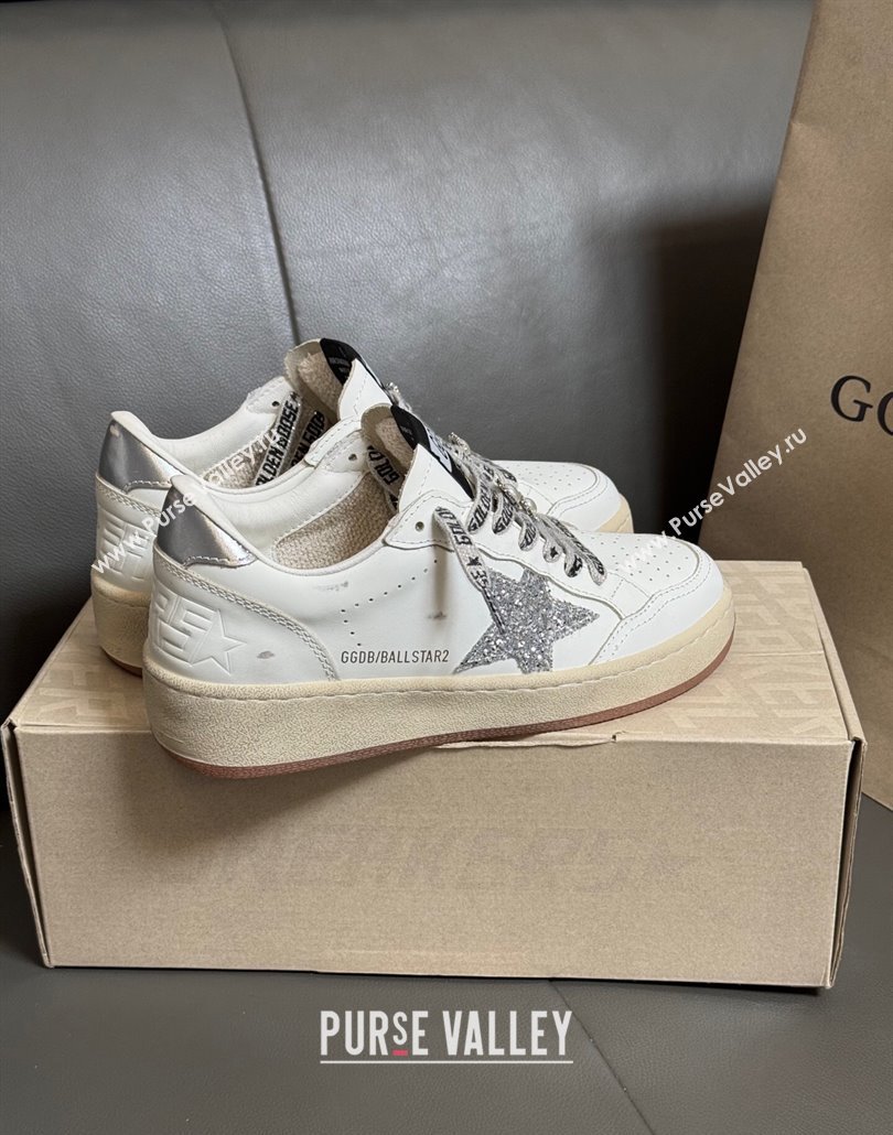 Golden Goose Women Ball Star Sneakers in White Leather with Silver-Tone Glitter Star and Lace 2025 0429 (MD-250429041)