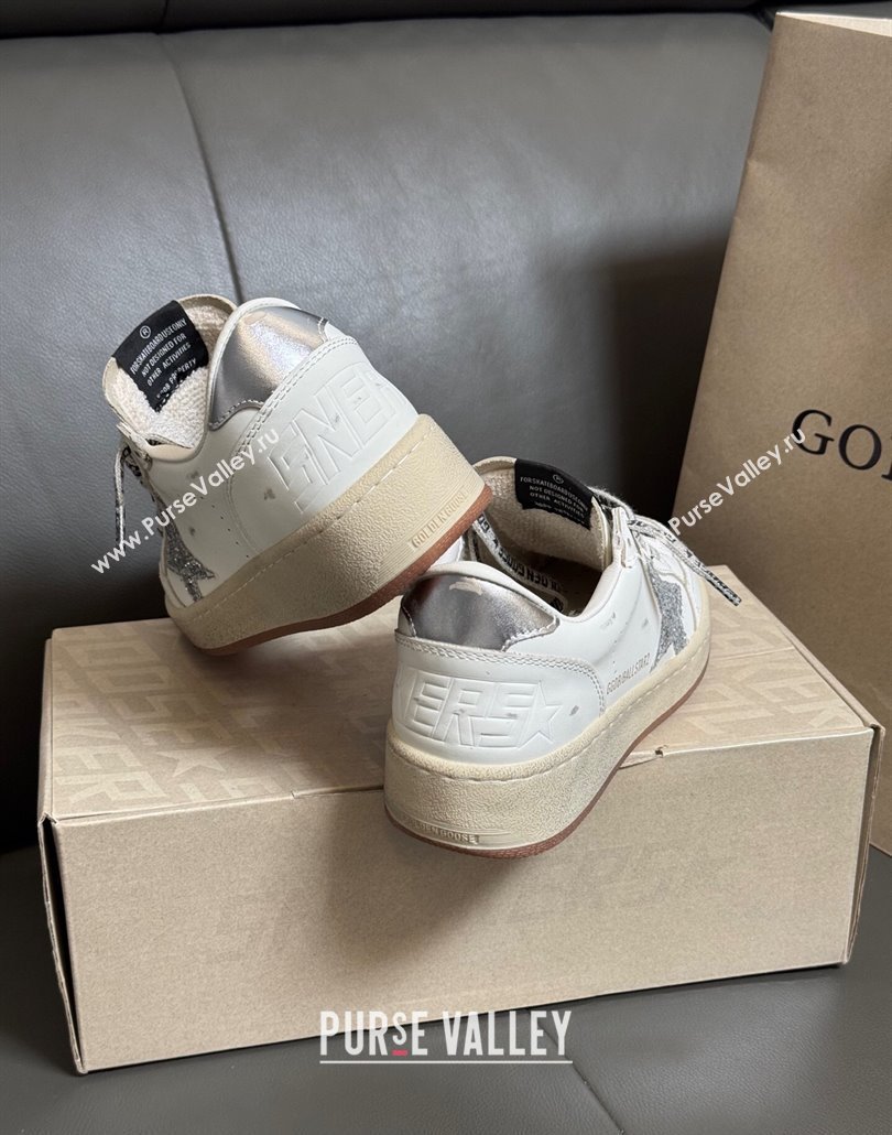 Golden Goose Women Ball Star Sneakers in White Leather with Silver-Tone Glitter Star and Lace 2025 0429 (MD-250429041)