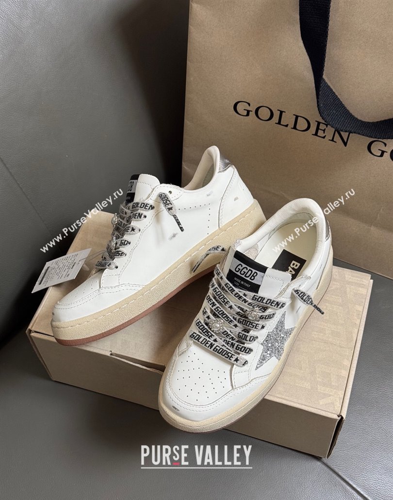 Golden Goose Women Ball Star Sneakers in White Leather with Silver-Tone Glitter Star and Lace 2025 0429 (MD-250429041)