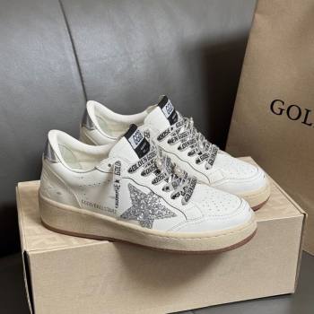 Golden Goose Women Ball Star Sneakers in White Leather with Silver-Tone Glitter Star and Lace 2025 0429 (MD-250429041)