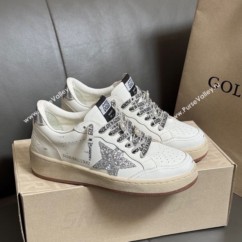 Golden Goose Women Ball Star Sneakers in White Leather with Silver-Tone Glitter Star and Lace 2025 0429 (MD-250429041)