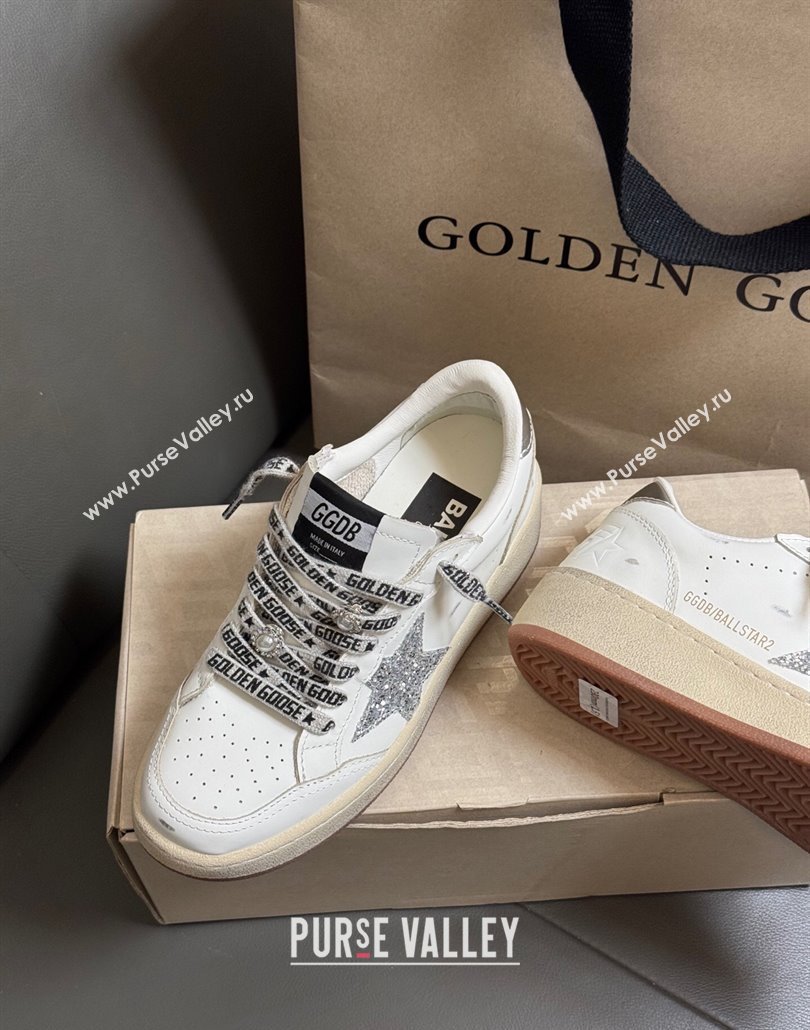 Golden Goose Women Ball Star Sneakers in White Leather with Silver-Tone Glitter Star and Lace 2025 0429 (MD-250429041)