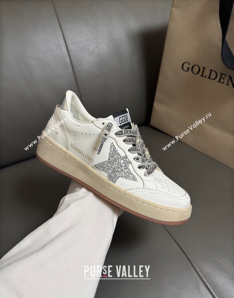 Golden Goose Women Ball Star Sneakers in White Leather with Silver-Tone Glitter Star and Lace 2025 0429 (MD-250429041)