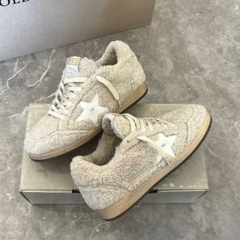 Golden Goose Women’s Ball Star Sneakers in beige shearling wool with white leather star 2025 1031 (MD-251031053)