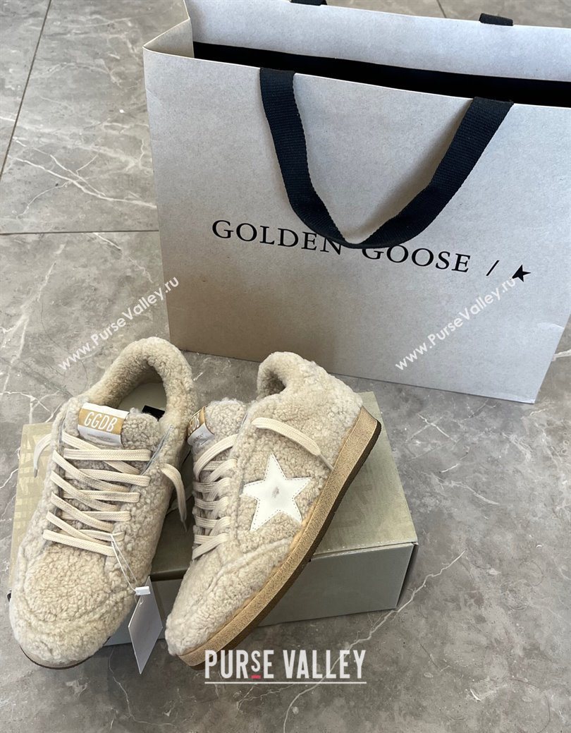 Golden Goose Women’s Ball Star Sneakers in beige shearling wool with white leather star 2025 1031 (MD-251031053)
