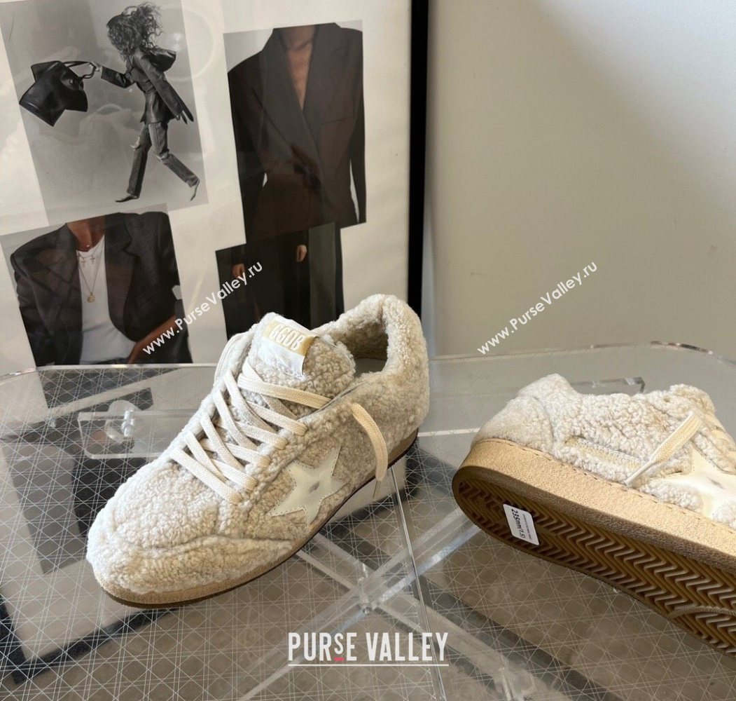 Golden Goose Women’s Ball Star Sneakers in beige shearling wool with white leather star 2025 1031 (MD-251031053)