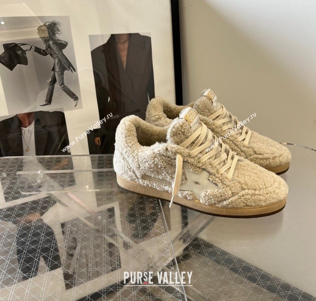 Golden Goose Women’s Ball Star Sneakers in beige shearling wool with white leather star 2025 1031 (MD-251031053)
