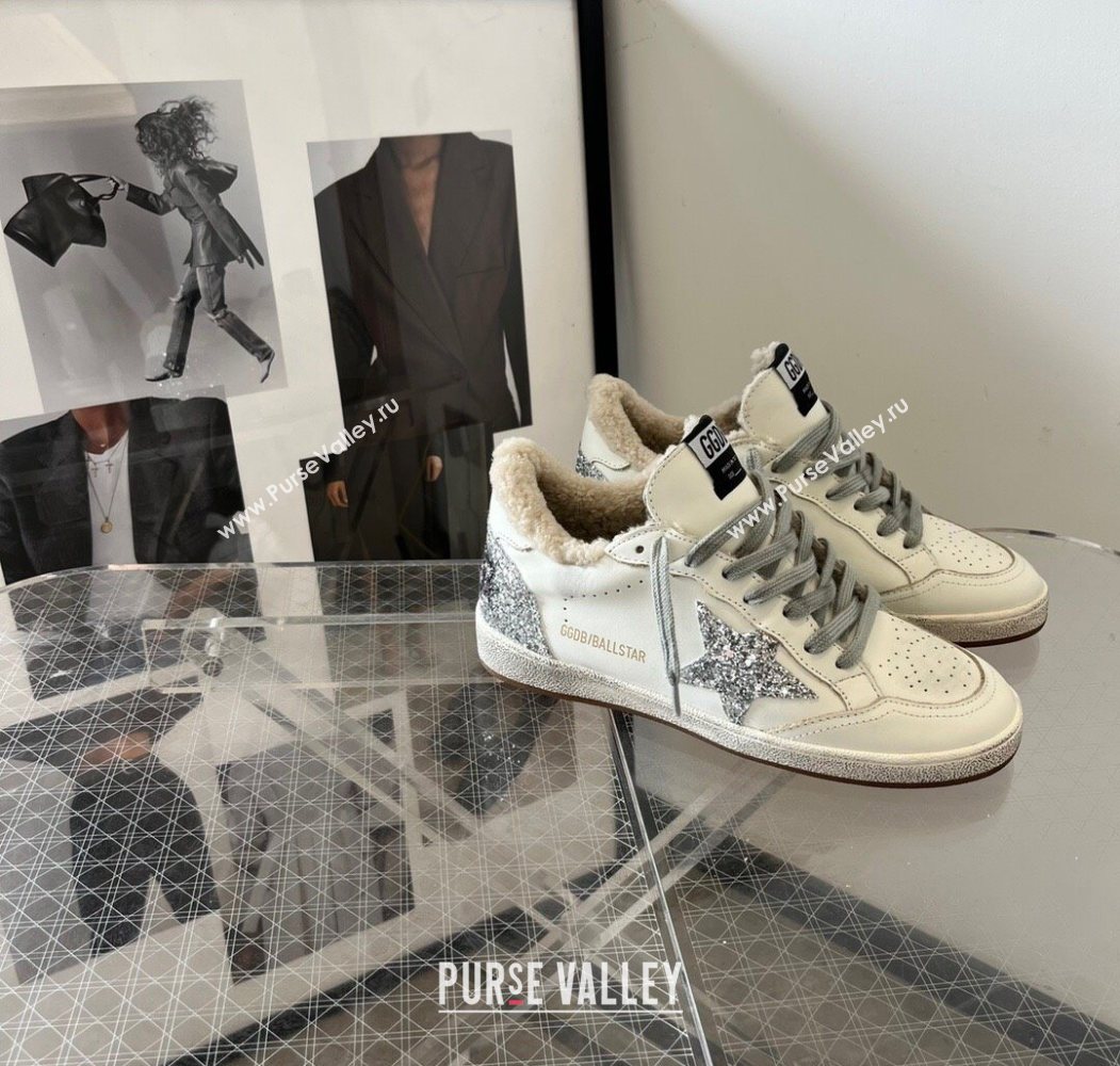 Golden Goose Women’s Ball Star Sneakers in white leather and wool with silver glitter star 2025 1031 (MD-251031054)