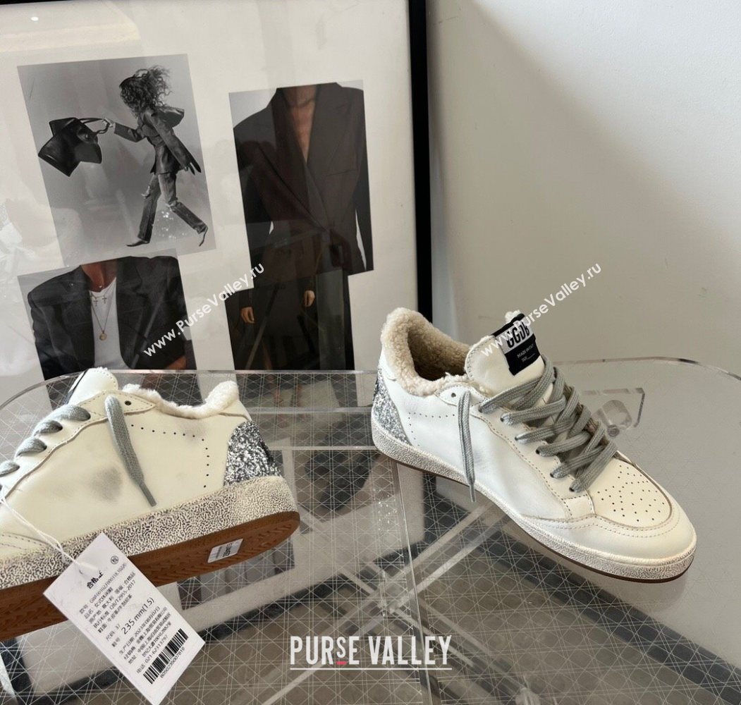 Golden Goose Women’s Ball Star Sneakers in white leather and wool with silver glitter star 2025 1031 (MD-251031054)