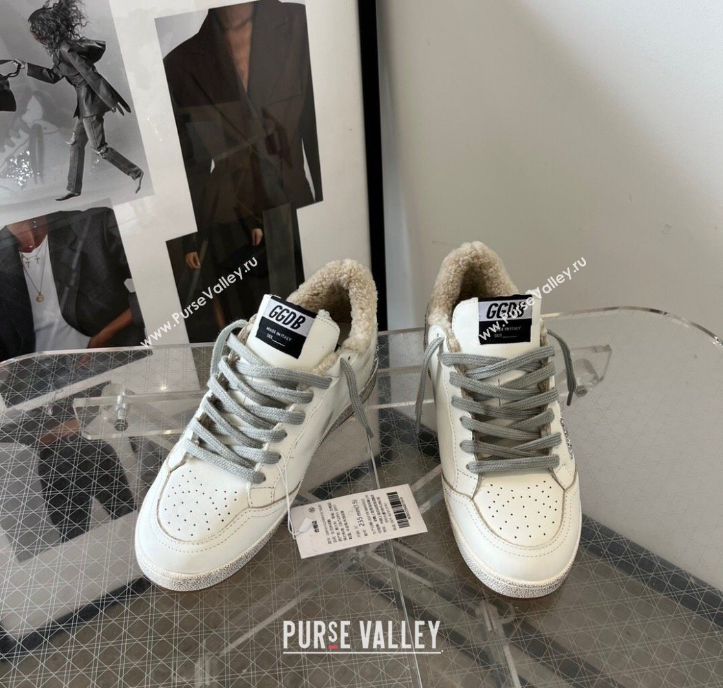 Golden Goose Women’s Ball Star Sneakers in white leather and wool with silver glitter star 2025 1031 (MD-251031054)