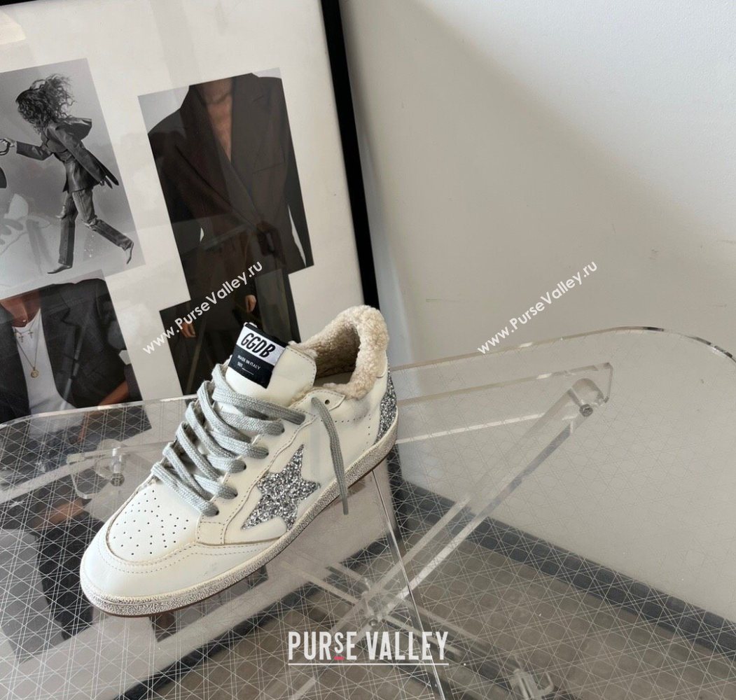 Golden Goose Women’s Ball Star Sneakers in white leather and wool with silver glitter star 2025 1031 (MD-251031054)