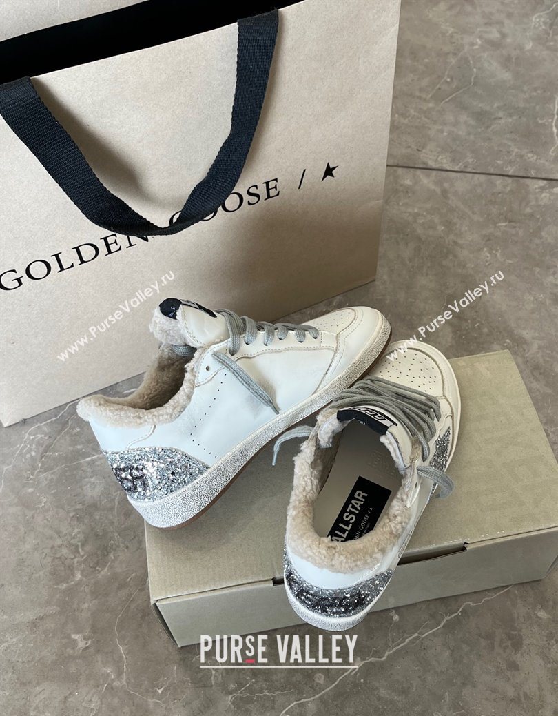 Golden Goose Women’s Ball Star Sneakers in white leather and wool with silver glitter star 2025 1031 (MD-251031054)