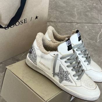 Golden Goose Women’s Ball Star Sneakers in white leather and wool with silver glitter star 2025 1031 (MD-251031054)