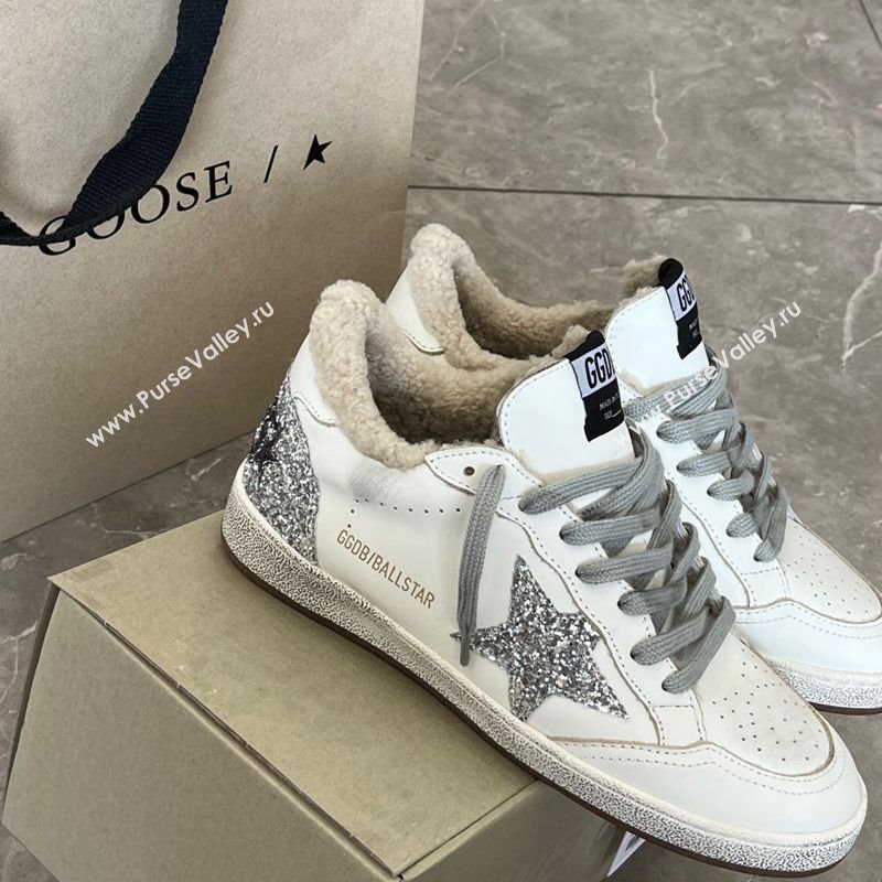 Golden Goose Women’s Ball Star Sneakers in white leather and wool with silver glitter star 2025 1031 (MD-251031054)