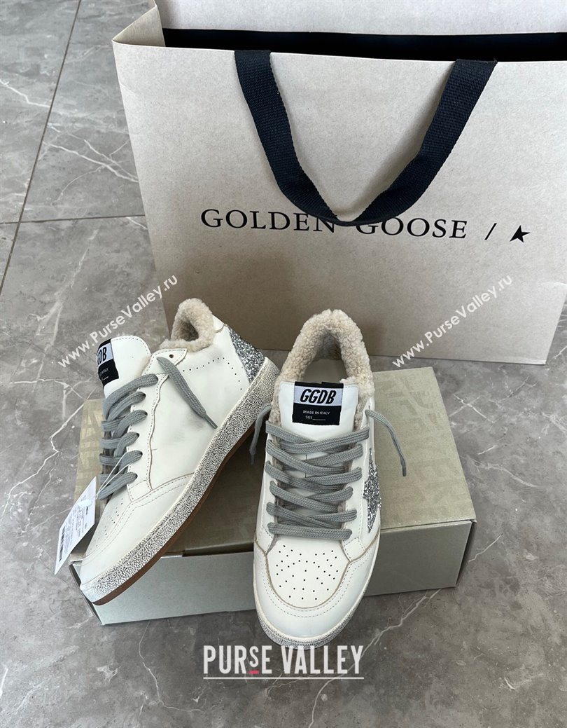 Golden Goose Women’s Ball Star Sneakers in white leather and wool with silver glitter star 2025 1031 (MD-251031054)