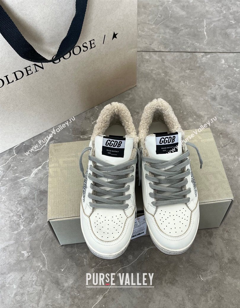 Golden Goose Women’s Ball Star Sneakers in white leather and wool with silver glitter star 2025 1031 (MD-251031054)